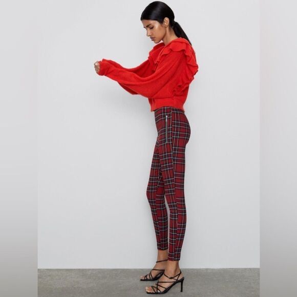Zara Holiday Red Plaid Mid Rise Stretch Legging Pants, Size Medium NWT - Picture 4 of 16